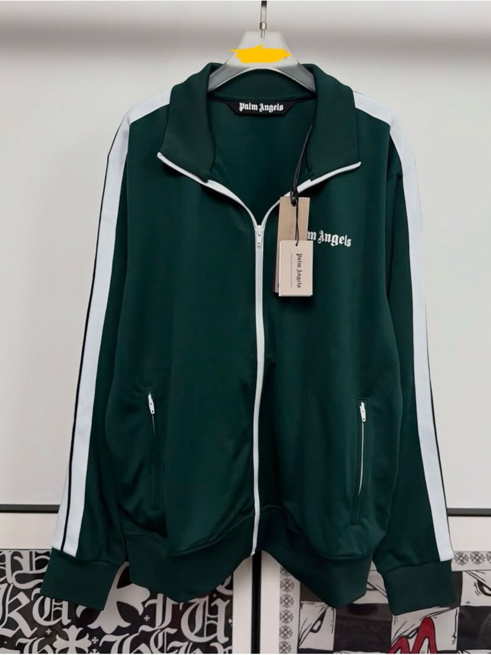 Palm Angels Dark Green Track Jacket with White Stripe Accents